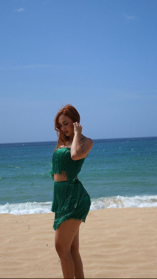 Green Fringe Mini Skirt Set